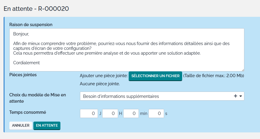 Capture d’écran d’une transition de ticket iTop affichant la liste des modèles de réponse disponibles, avec un message inséré automatiquement dans le champ de texte