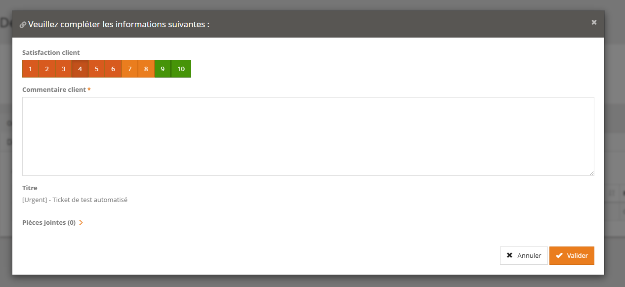 Capture d’écran du portail iTop affichant la transition de notation d’un service sur un ticket, avec évaluation et commentaire utilisateur