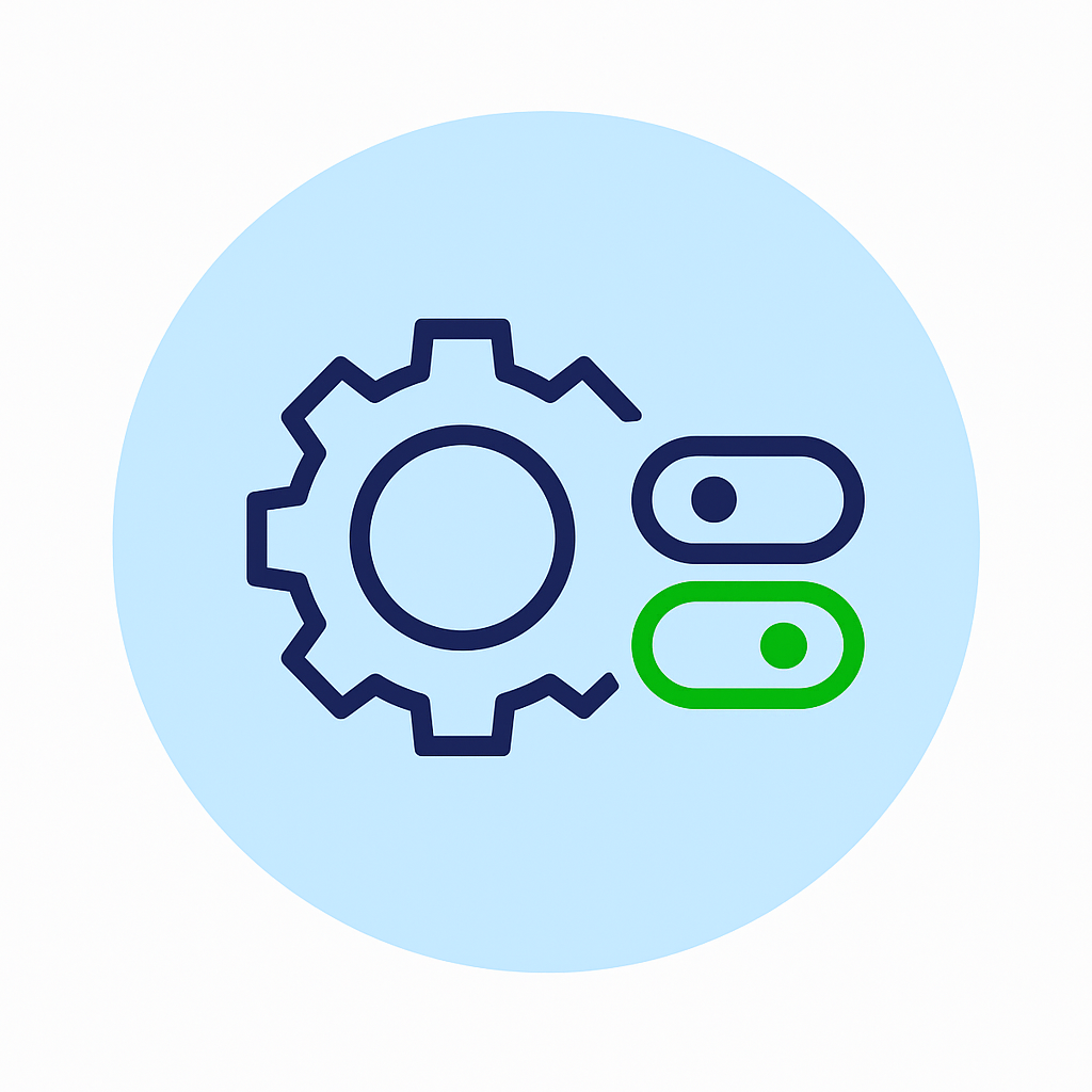 Icône représentant une roue dentée accompagnée de deux interrupteurs activé et désactivé, illustrant la configuration des fonctionnalités dans iTop