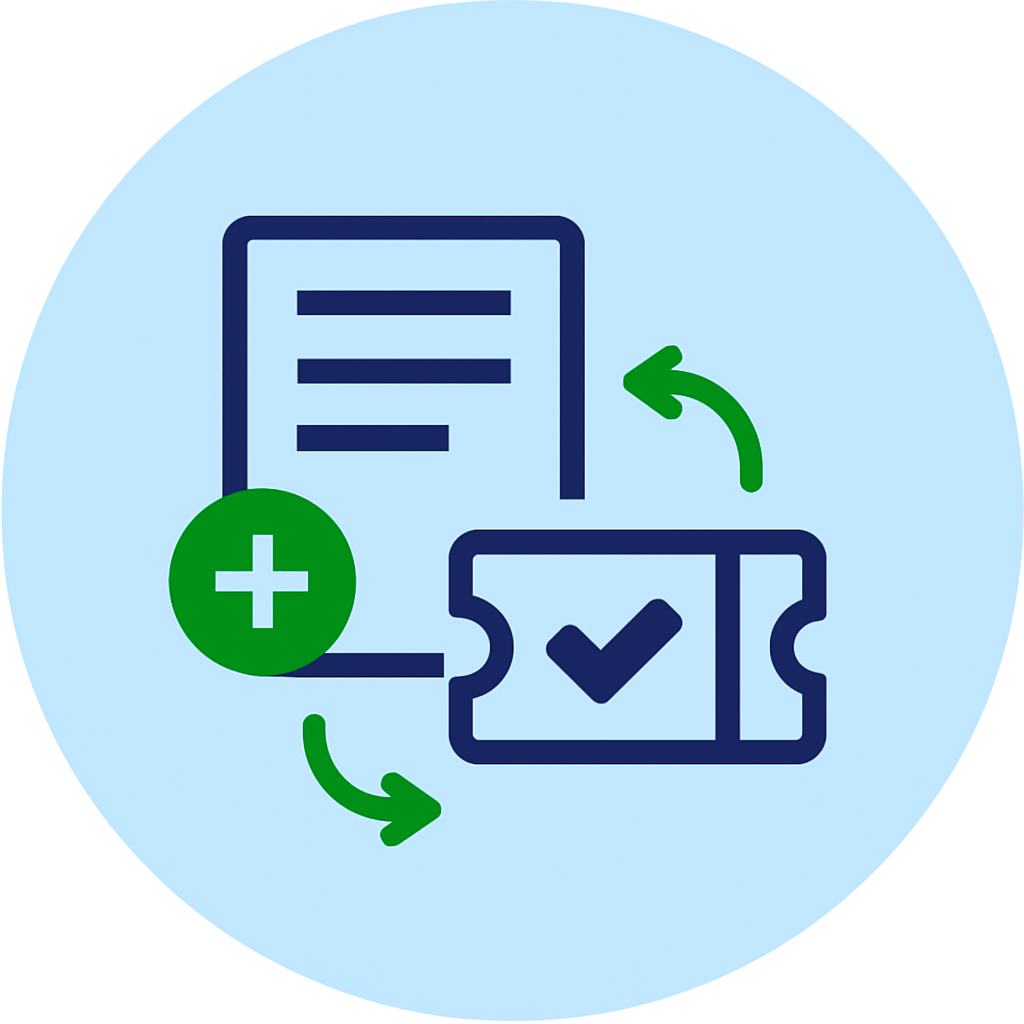 Icône représentant un document avec un symbole plus et un ticket reliés par des flèches vertes, symbolisant la création instantanée d’un ticket depuis une entrée de journal dans iTop