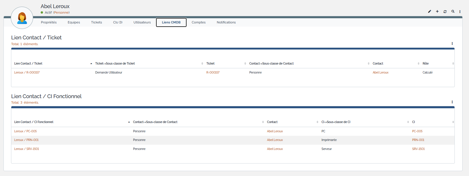Interface iTop affichant l'onglet Liens CMDB centralisant les tickets et les équipements associés à un utilisateur.